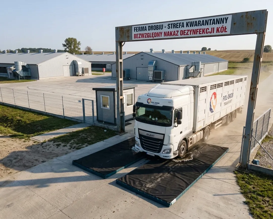 Maty dezynfekcyjne przejazdowe na wjeździe do fermy drobiu, ciężarówka w trakcie dezynfekcji kół